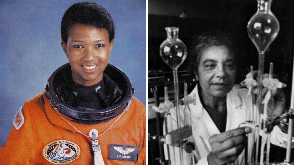 Headshot of Mae Jemison, left, photo of Mary Elliot Hill, right. Two Black women with historic contributions to science.