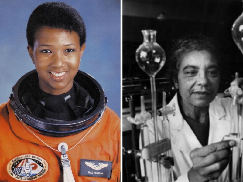 Headshot of Mae Jemison, left, photo of Mary Elliot Hill, right. Two Black women with historic contributions to science.
