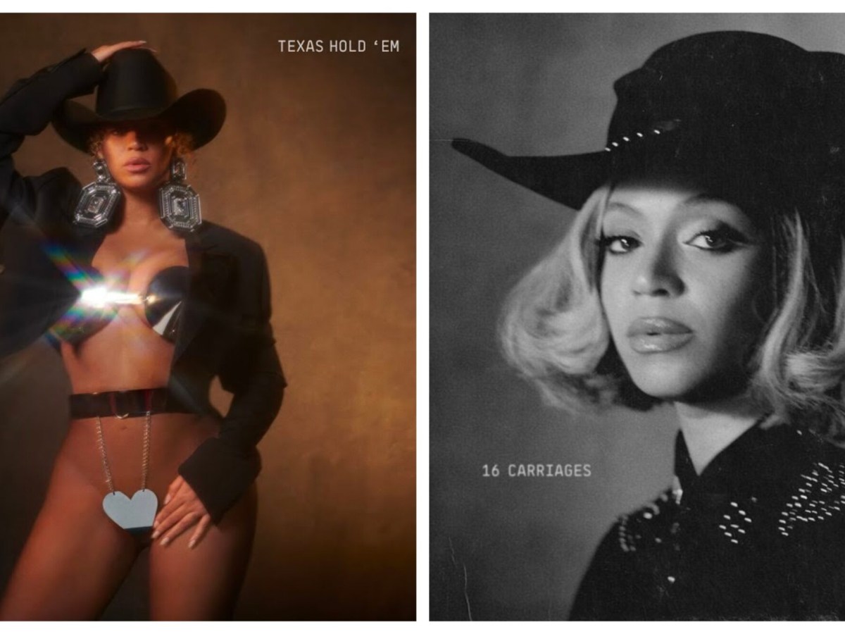 Cover art for Beyonce's two latest country music singles. The first photo is Beyonce standing wearing a reflective bikini with her hand resting on a cowboy hat atop her head. The second photo is a portrait-style photo of Beyonce with a short bob wearing all black and a cowboy hat.