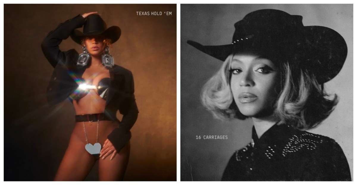 Cover art for Beyonce's two latest country music singles. The first photo is Beyonce standing wearing a reflective bikini with her hand resting on a cowboy hat atop her head. The second photo is a portrait-style photo of Beyonce with a short bob wearing all black and a cowboy hat.