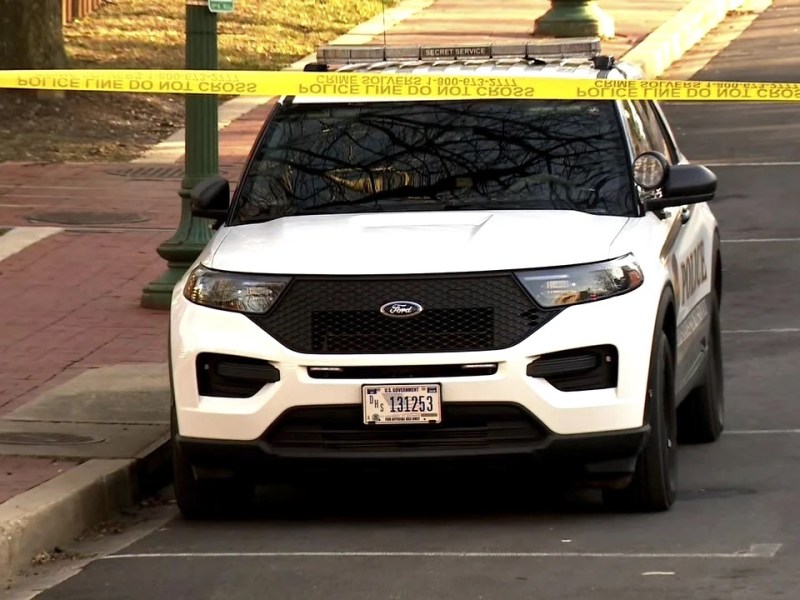 In this image taken from video, police are deployed outside the Israeli Embassy in Washington, Sunday, Feb. 25, 2024, after an active-duty member of the U.S. Air Force was critically injured after setting himself ablaze outside the diplomatic compound. (WJLA via AP)