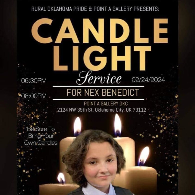 Flyer for Nex Benedict's candlelight vigil on February 24, at 6:30 pm. It will be located at Point A Gallery in Oklahoma City's Queer District.