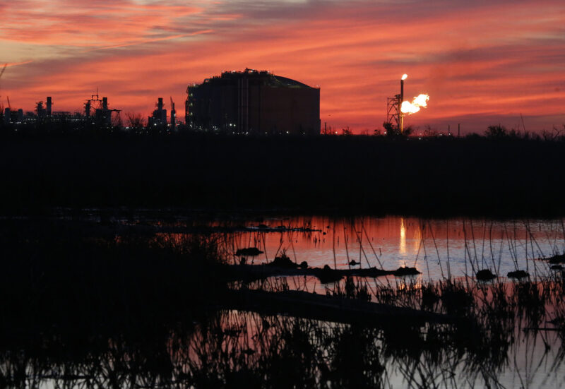 A flare burns at Venture Global LNG in Cameron, La., April 21, 2022. The new facility, which exports liquefied natural gas, is one of several like it along the Gulf Coast — and tmore are proposed for Louisiana and Texas. The U.S. has become the world’s largest exporter of LNG, and Russia’s invasion of Ukraine heightened demand for the fuel as countries in Europe cut their reliance on Russian energy. But the U.S. expansion of LNG facilities has come with consequences for Gulf Coast residents threatened by extreme weather, and for the planet threatened by greenhouse gases. AP PHOTO / MARTHA IRVINE