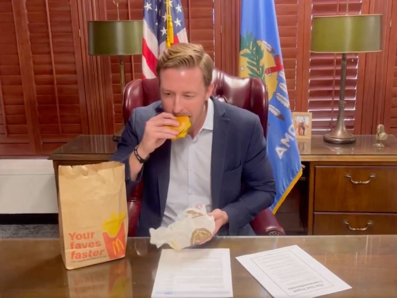 Superintendent of Public Instruction eating a McDonald's burger in a video he posted to social media. Feb. 7, 2024.
