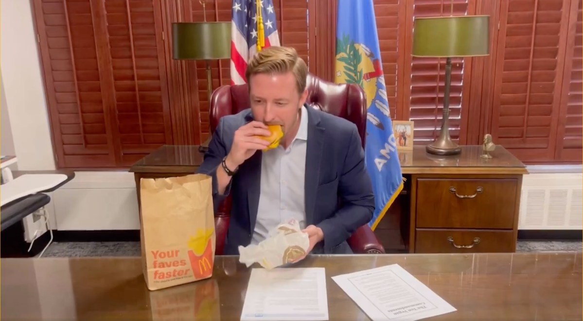 Superintendent of Public Instruction eating a McDonald's burger in a video he posted to social media. Feb. 7, 2024.