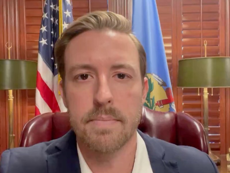 Ryan Walters in a video he posted to X on Feb. 26, 2024. He is sitting at his desk, behind him is both the American and Oklahoma flags. The video was posted two days before the list of groups calling for his removal from office was released.